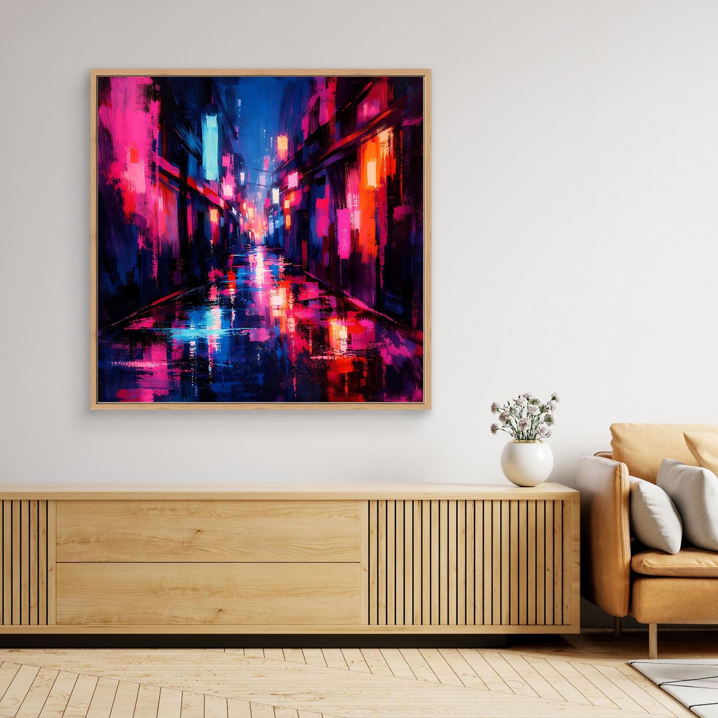 Leinwand Cyberpunk Nachtgasse im Regen | Modernes Neon Wandbild