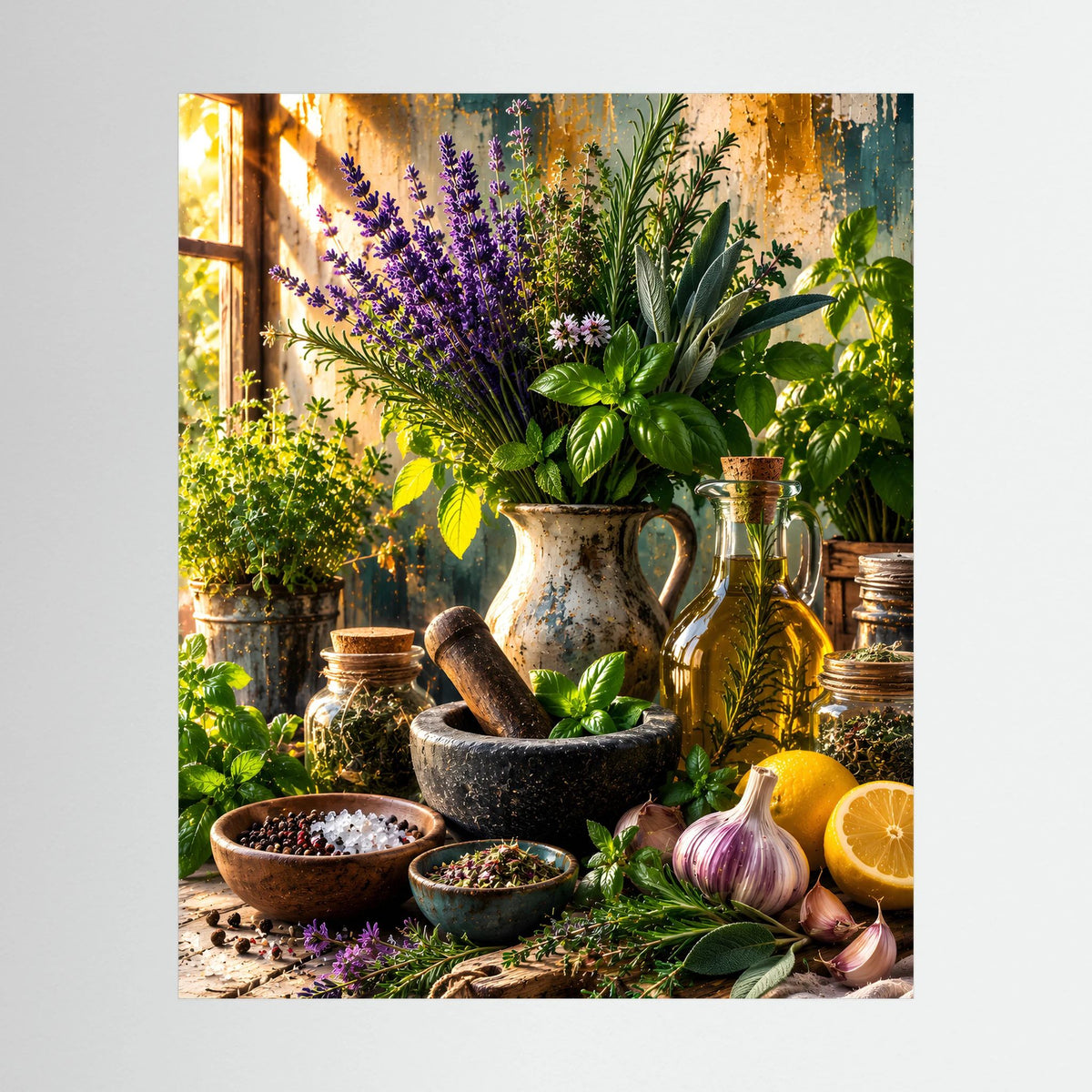 Kräuterposter im Hochformat mit Lavendel, Basilikum und mediterranen Gewürzen in Töpfen