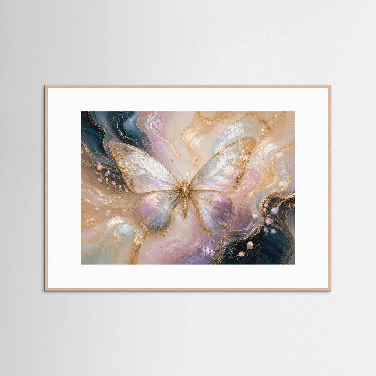 Poster im Querformat mit Schmetterling in Pastell und Gold, brauner Holzrahmen