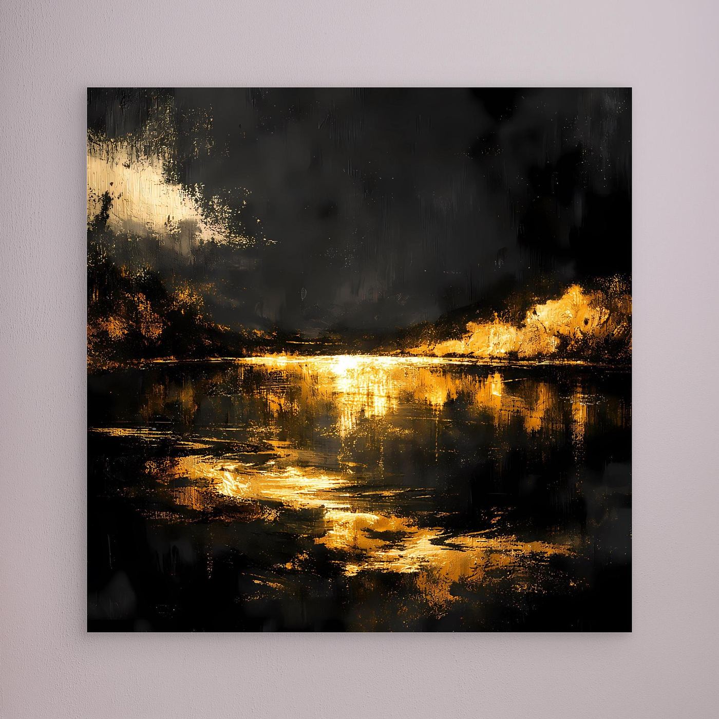 Leinwand Goldene Flusslandschaft bei Nacht | Abstraktes Natur Wandbild Moderne Kunst