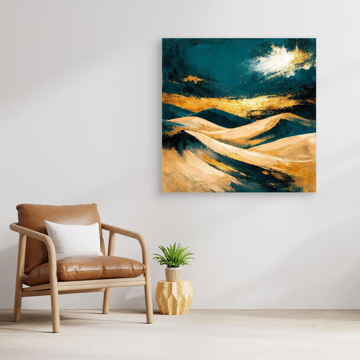 Abstraktes Leinwand-Wandbild mit Dünen in Petrol, Beige und goldenen Partien