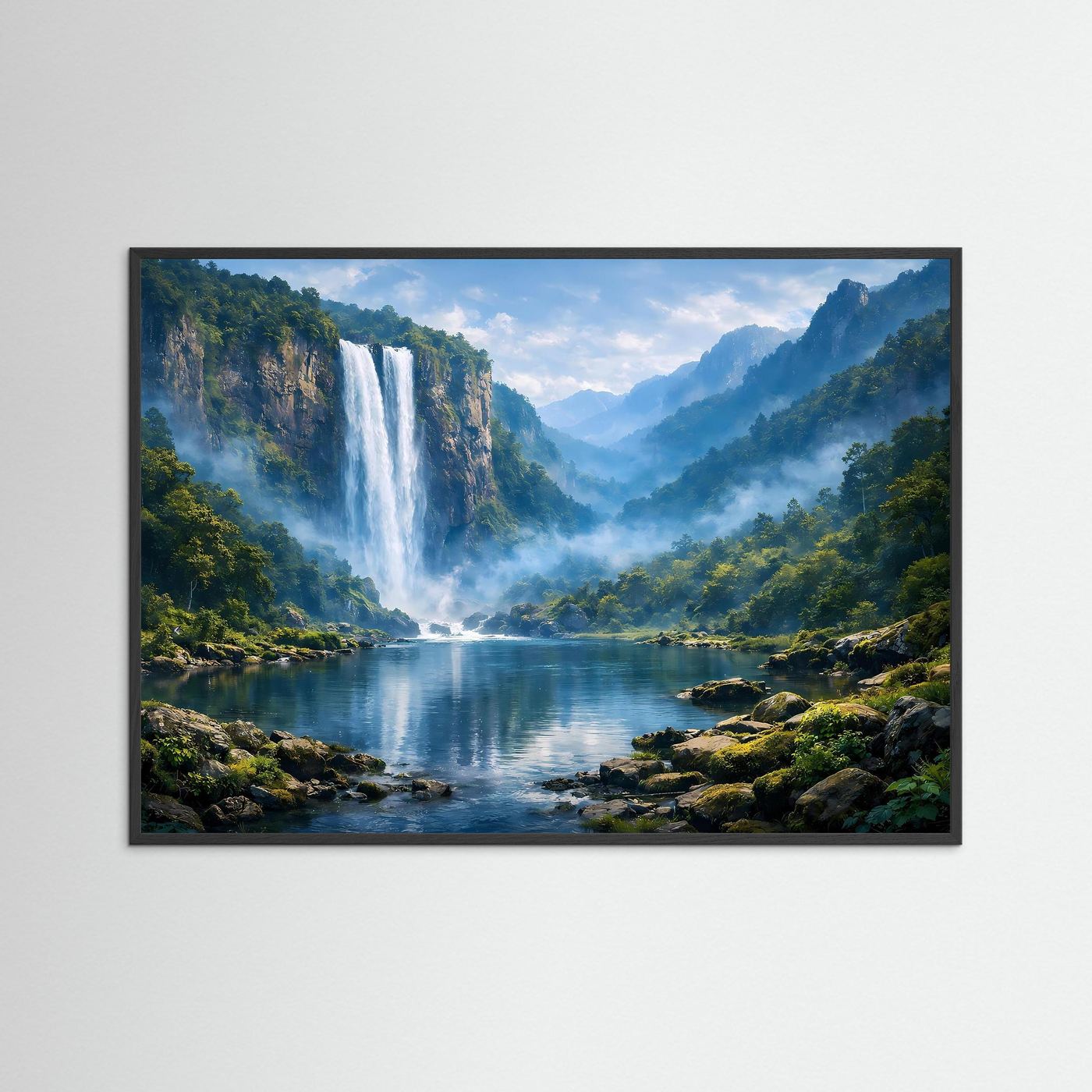 Wandposter mit Wasserfall im Bergwald, schwarzer Rahmen