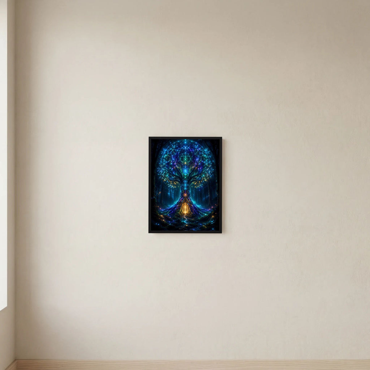 Hochformat-Poster mit schwarzem Rahmen und blau leuchtendem Baum im Zentrum