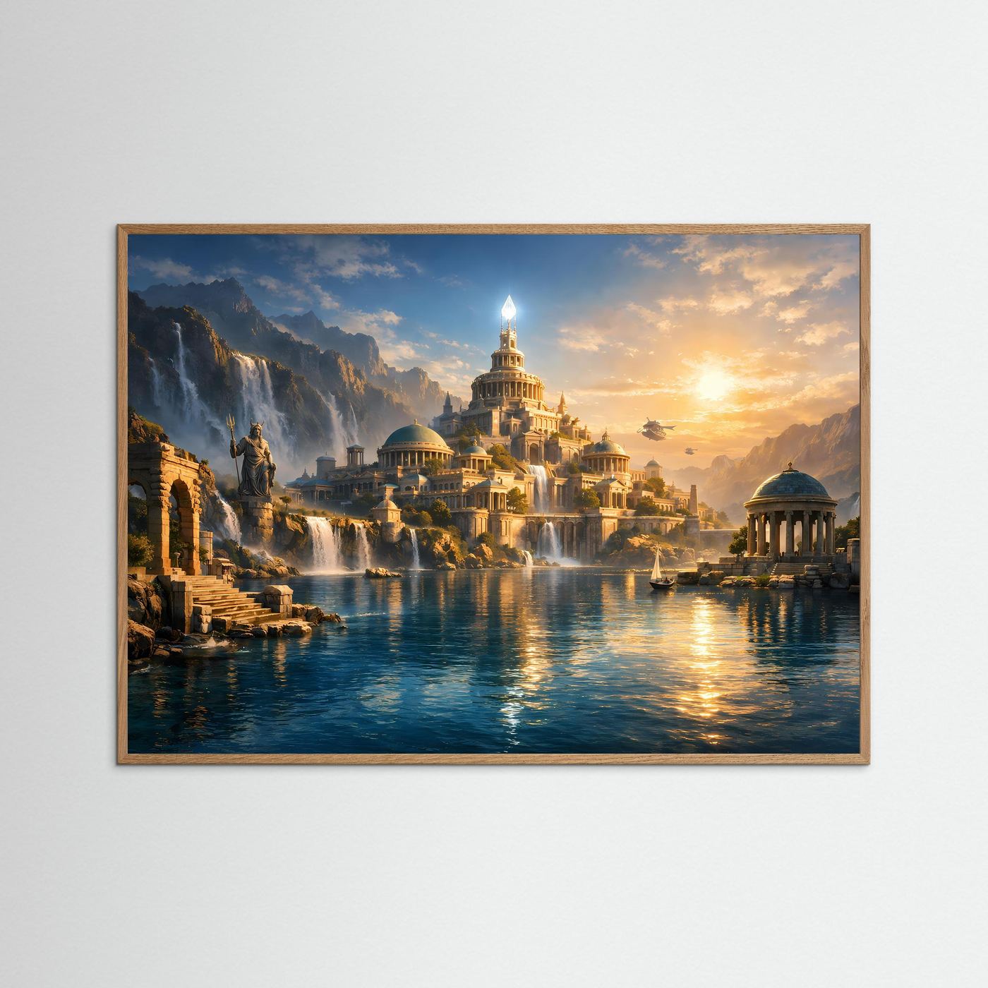 Fantasy-Poster im Querformat mit braunem Rahmen: versunkene Stadt und Sonnenreflexe im Wasser