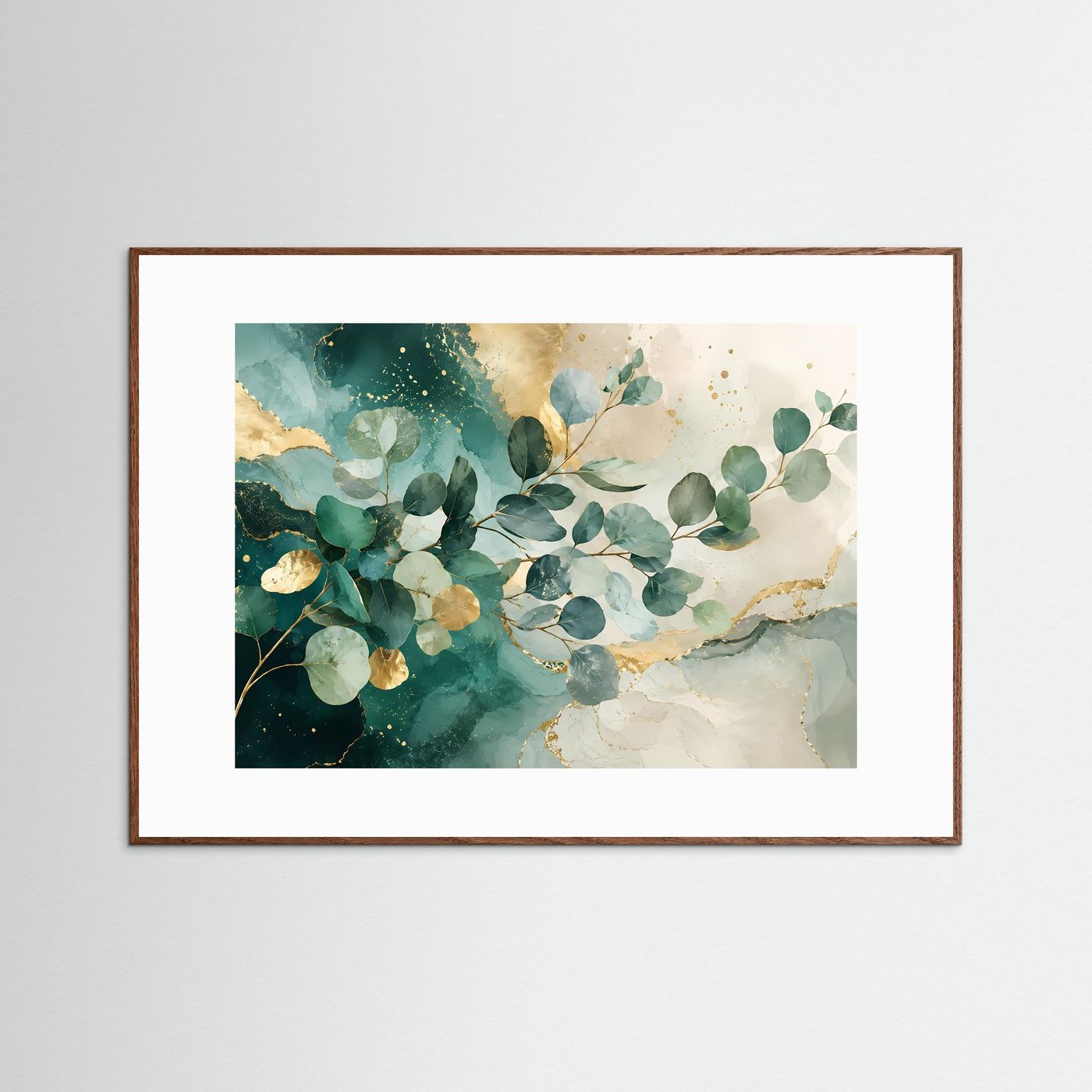 Eukalyptus Blätter Poster Querformat | Abstrakte Botanische Wandkunst in Grün & Gold | Modernes Natur Wandbild