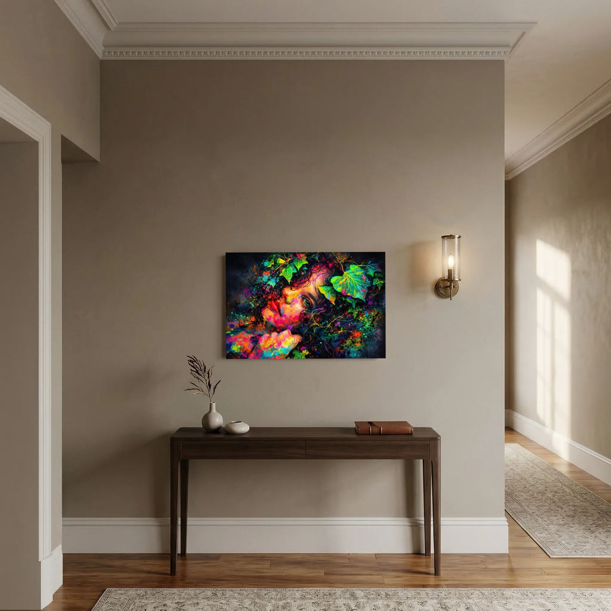 Querformatiges Wandbild-Poster mit surrealem Porträt und bunter Blätterkrone