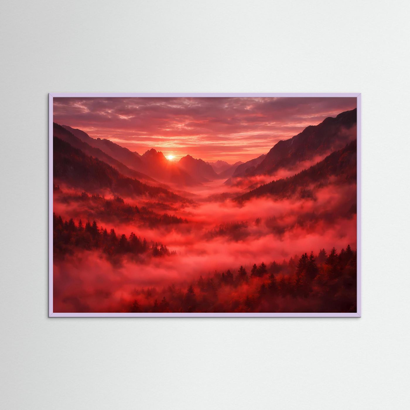 Wandbild mit Berglandschaft und rotem Sonnenuntergang, lila Holzrahmen.