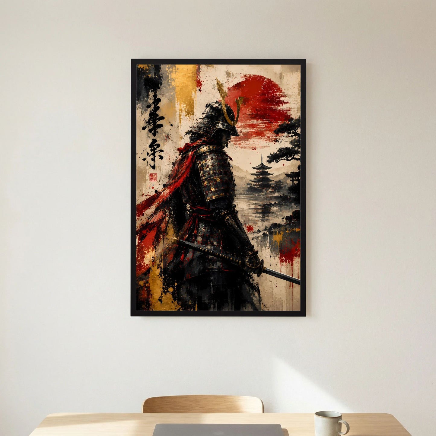 Poster (Hochformat) mit Samurai-Krieger, roter Sonne und Landschaft, schwarzer Rahmen