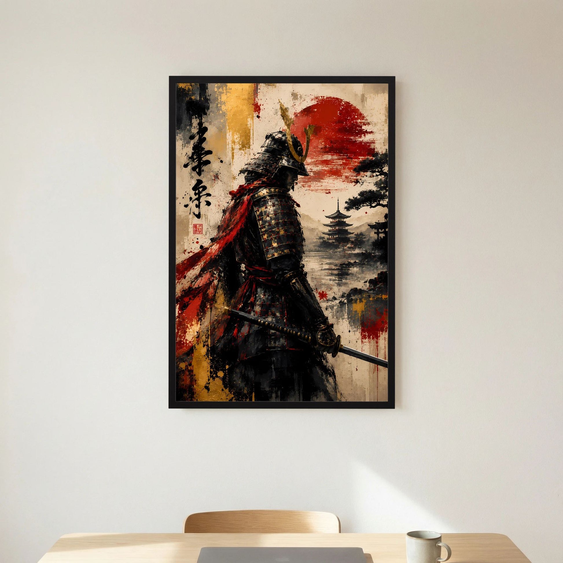 Poster (Hochformat) mit Samurai-Krieger, roter Sonne und Landschaft, schwarzer Rahmen