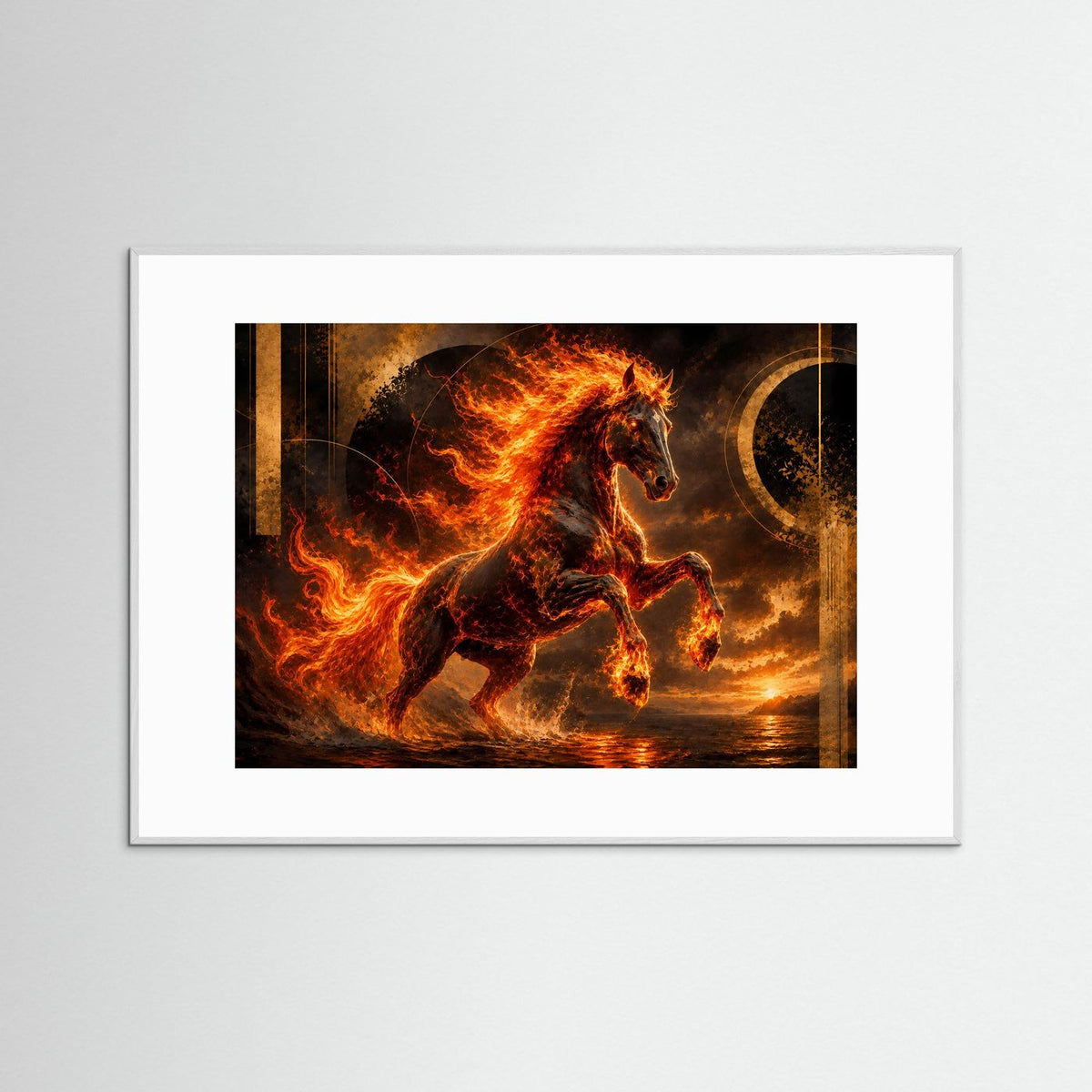 Feuerpferd-Poster (Querformat) mit grauem Rahmen und Flammenpferd in Schwarz, Gold, Orange