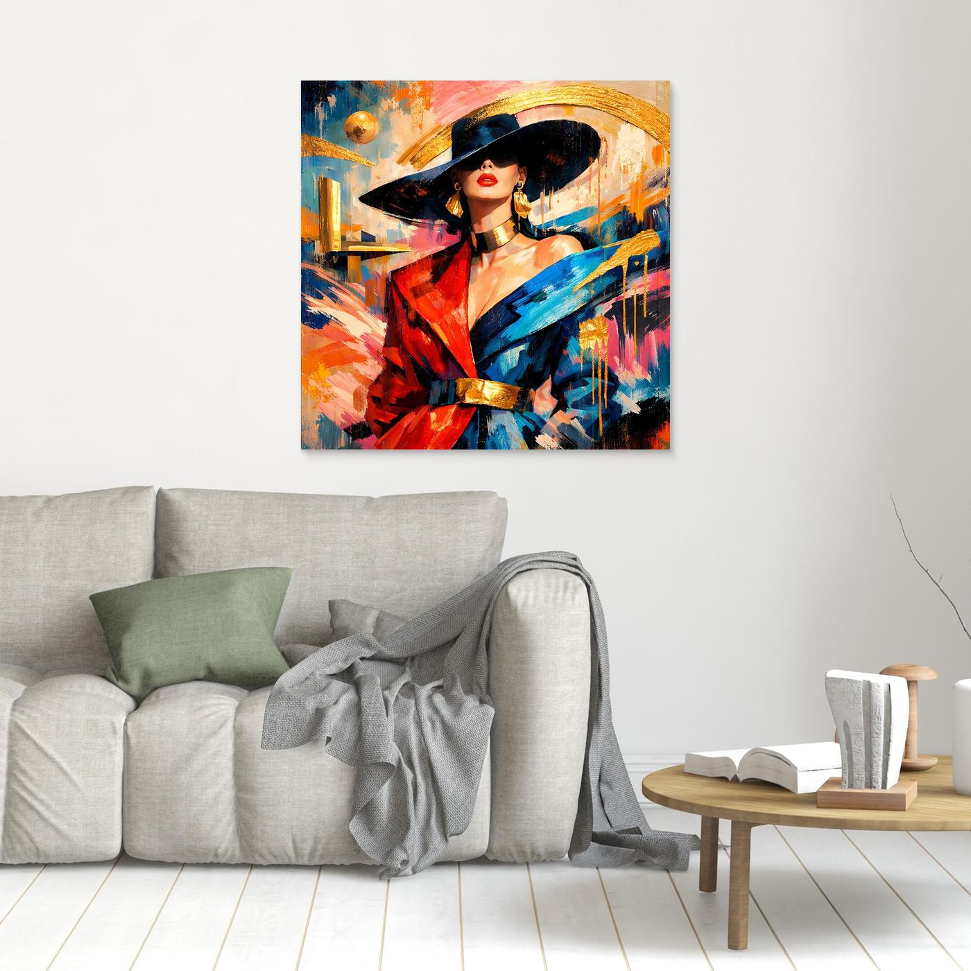 Leinwandbild, klein im Bild: elegante Dame mit Hut, abstraktes Fashion-Porträt in Blau und Rot