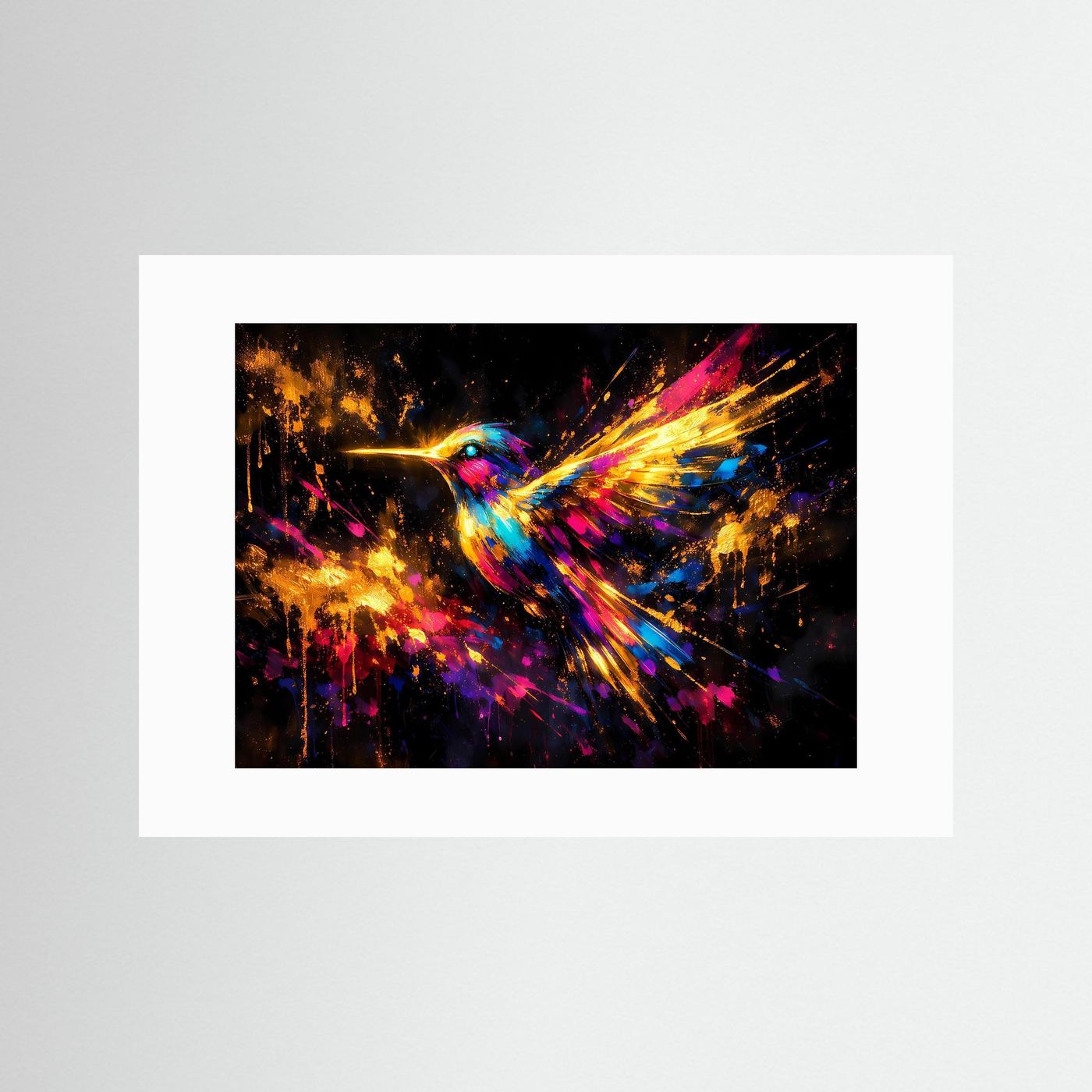 Querformatposter mit weißem Rand und abstraktem Kolibri im Flug in Neonfarben