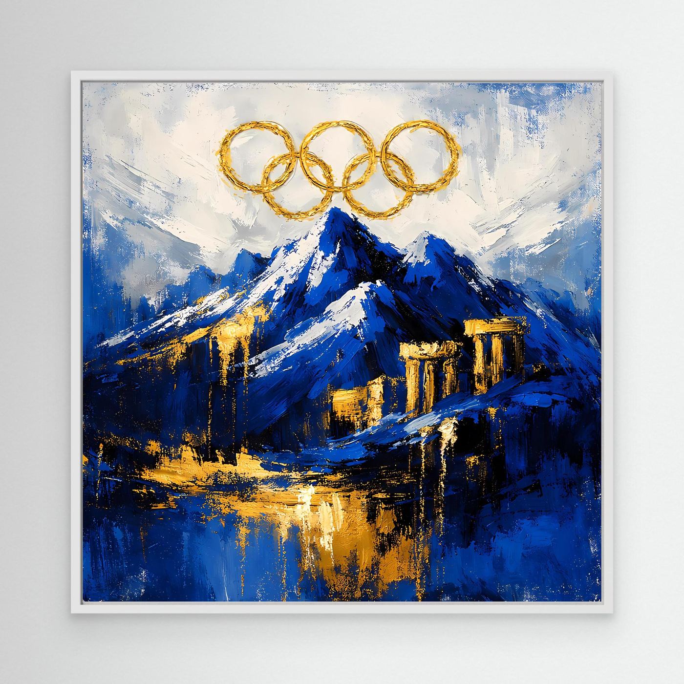 Leinwand Olympischer Geist am Mount Olympus | Abstraktes Berge Wandbild Gold Blau