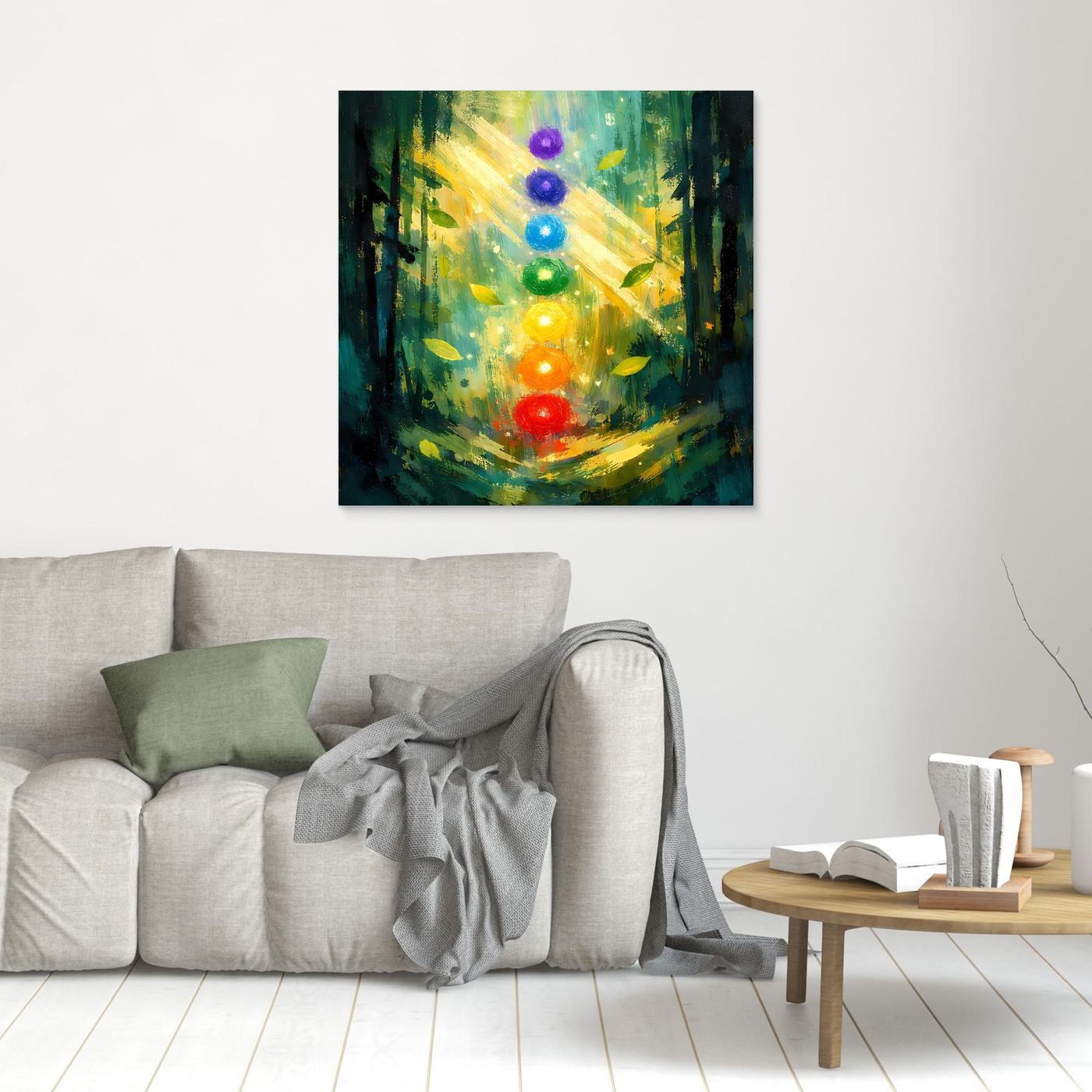 Leinwand-Wandbild mit sieben farbigen Chakren im Wald, kleiner Ausschnitt