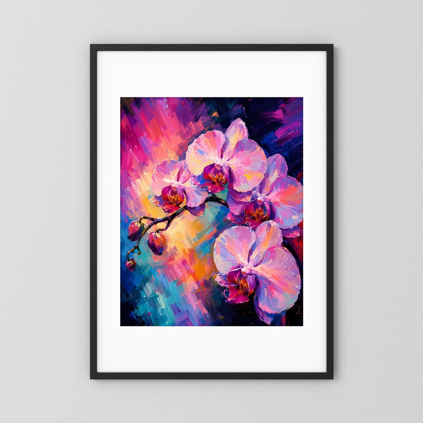 Kunstposter im Hochformat mit abstrakten Orchideenblüten in Pink und Blau, schwarzer Rahmen