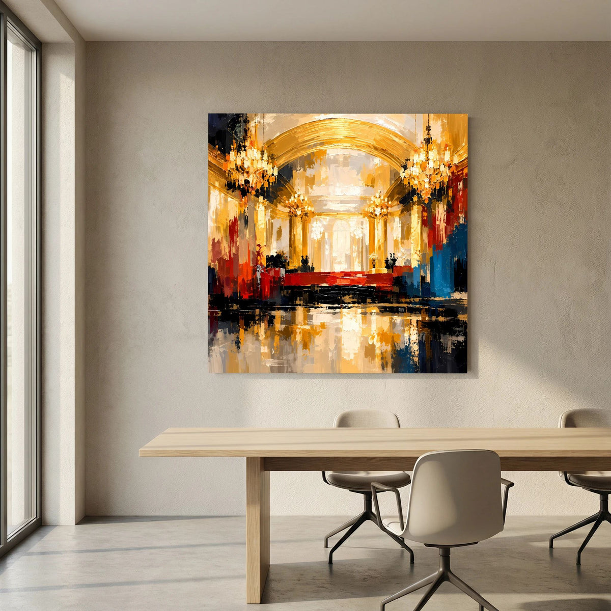Leinwand Abstraktes Palast Saal Gemälde | Modernes Elegantes Wandbild Ballsaal Gold Rot