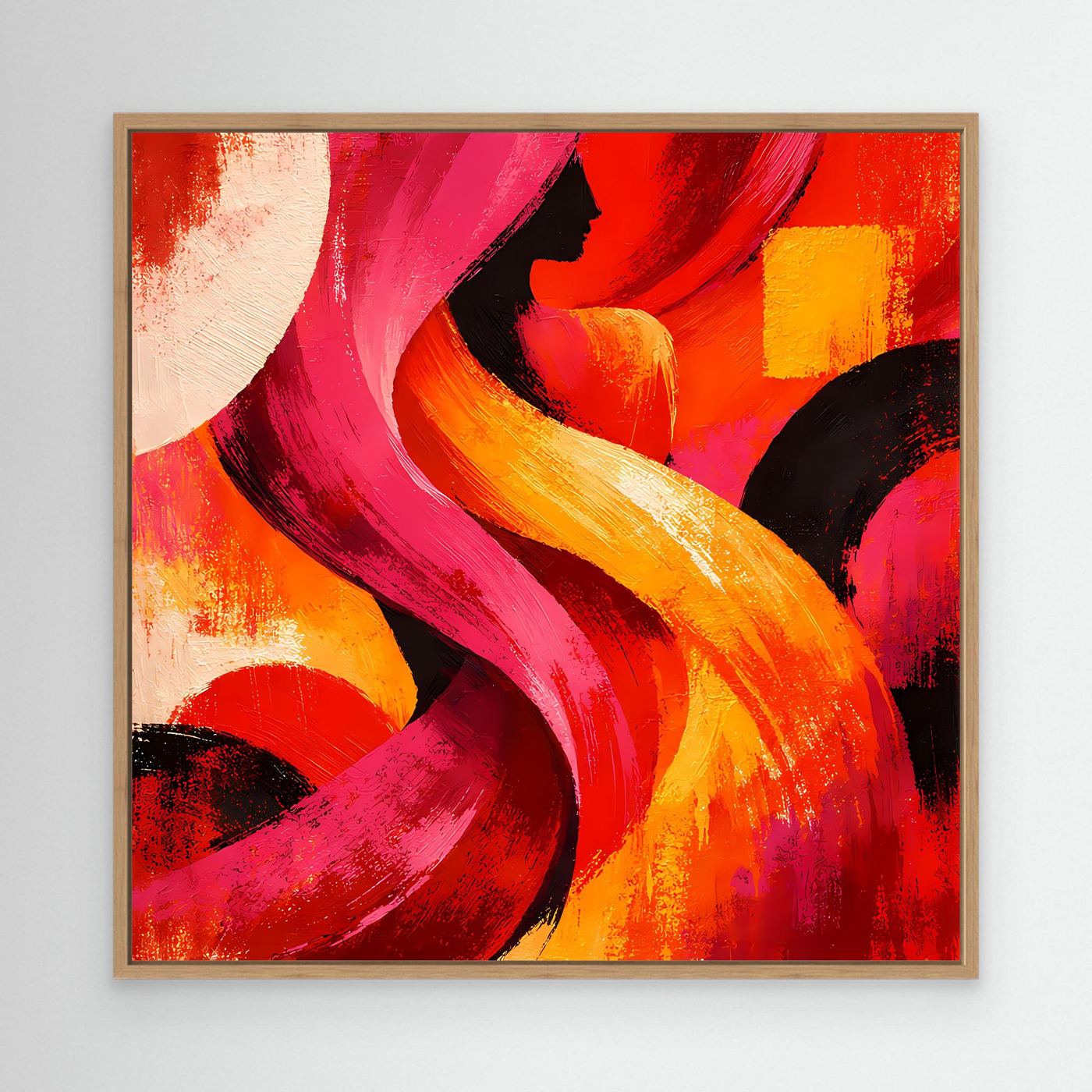 Leinwandbild mit abstraktem Silhouettenmotiv, rot, pink und gelb, mit hellem Holzrahmen