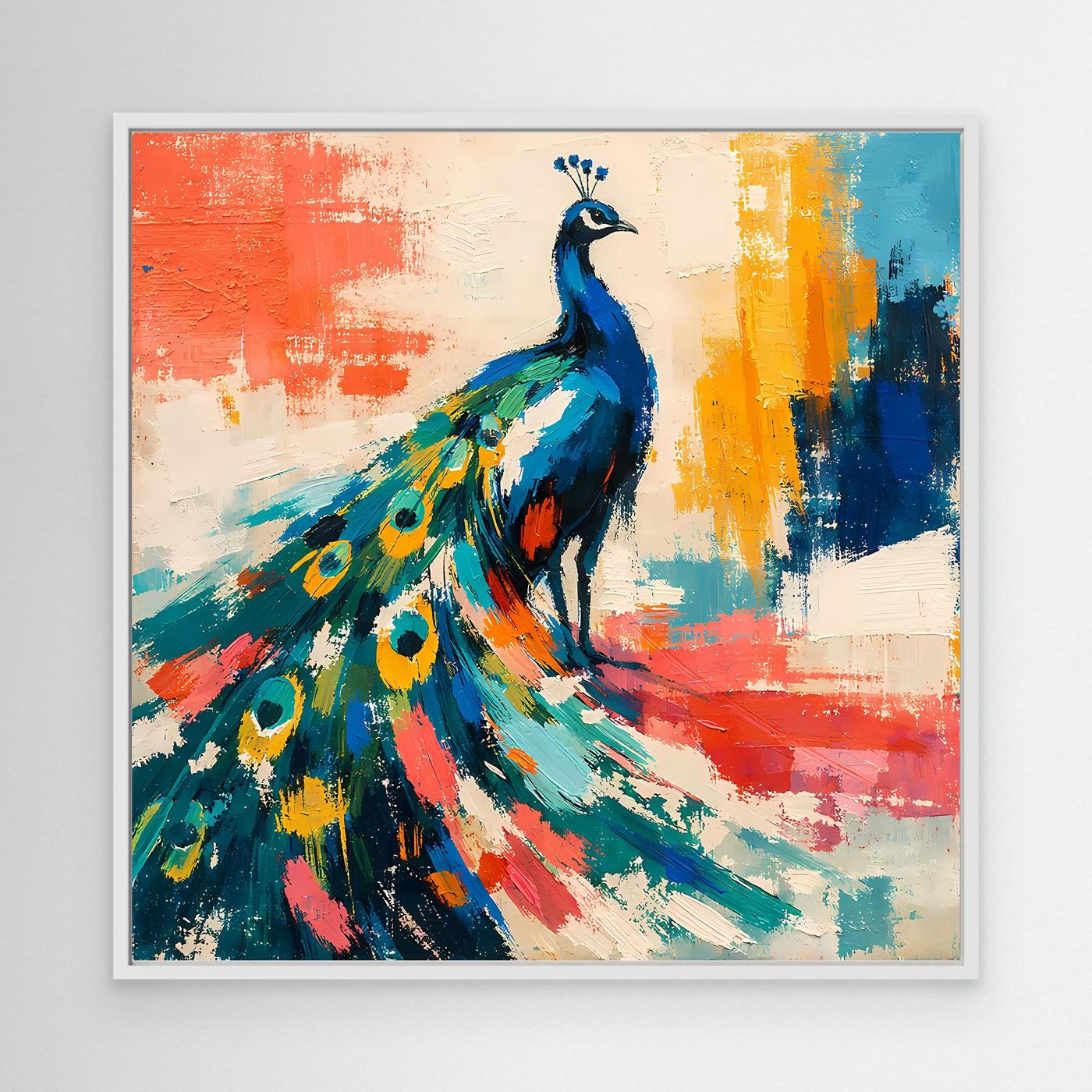 Peacock abstract wall canvas art with a white frame, blue bird and vivid tail