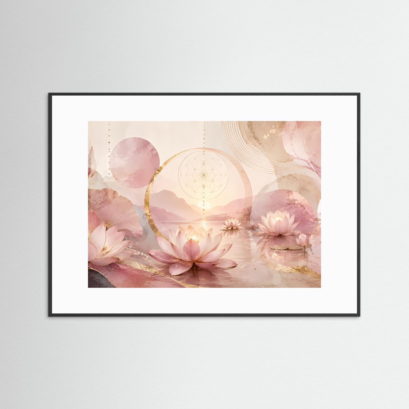 Querformat-Poster mit schwarzem Rahmen und weißem Rand, Lotusblüten in Rosa und Gold