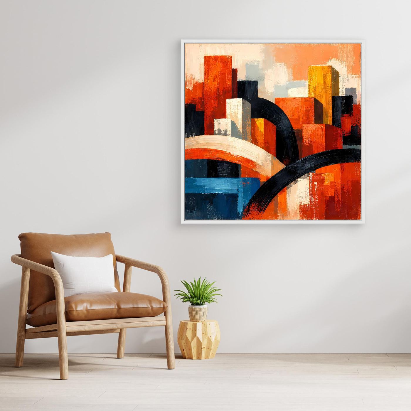 Leinwandbild mit Holzrahmen, abstrakte Skyline in warmen Orange- und Blautönen