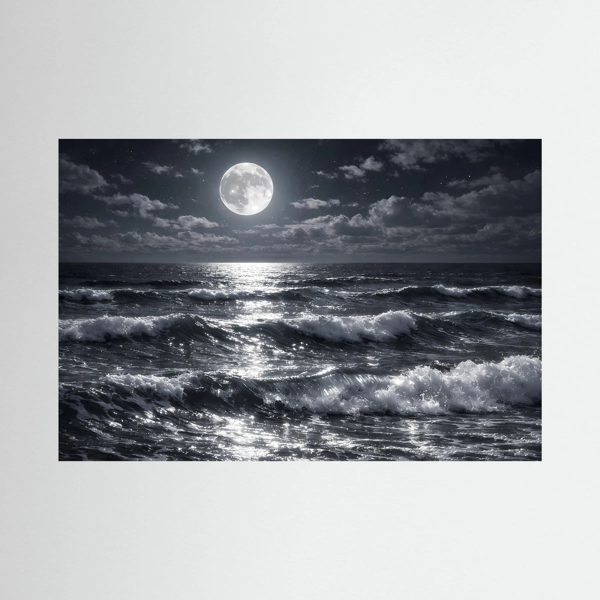 Wandbild mit Vollmond über der See und schäumenden Wellen im Querformat, ohne Rahmen
