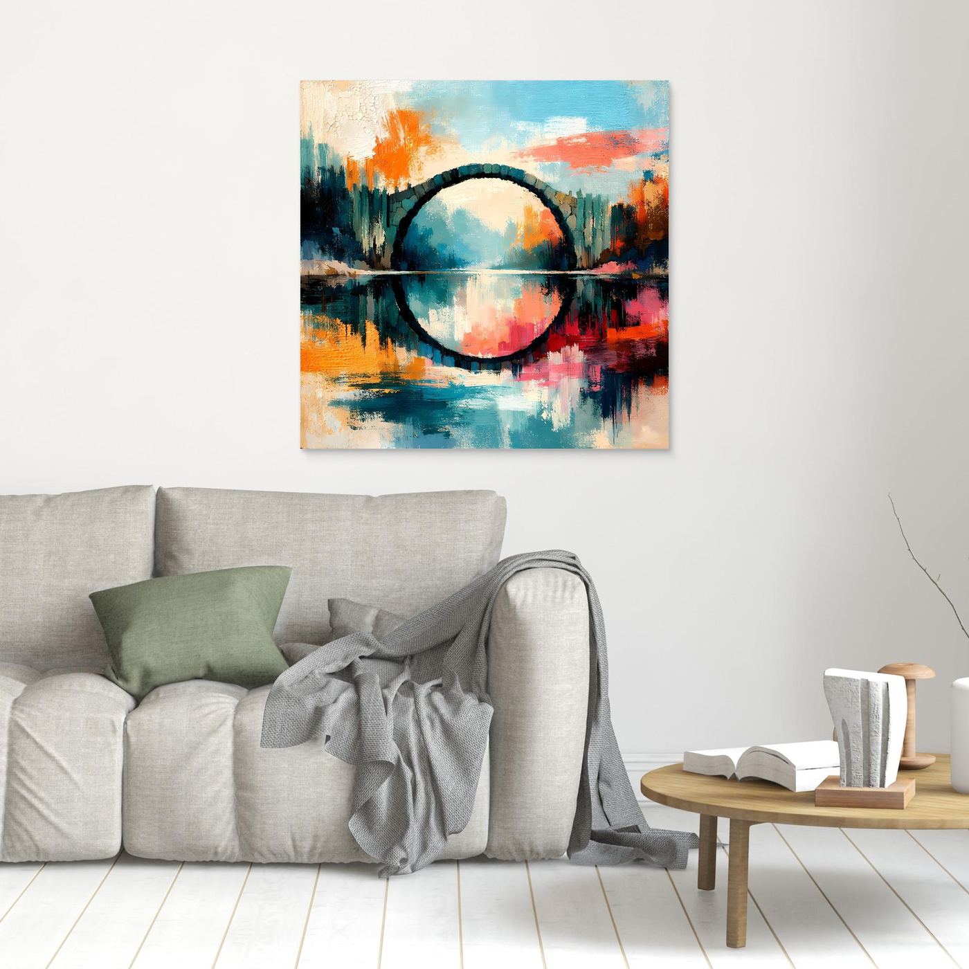 Premium Leinwand Mystische Kreisbrücke im Wasser | Abstraktes Natur Wandbild farbenfroh