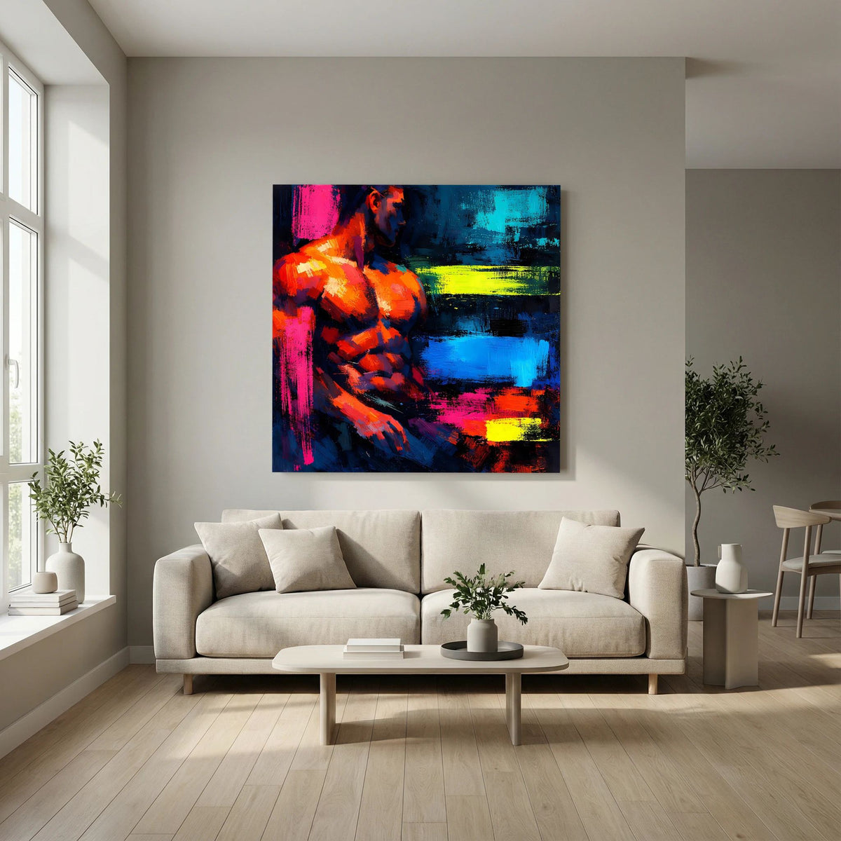 Leinwandbild mit abstraktem männlichem Torso, orange, pink und blau, mit leuchtend gelben Akzenten