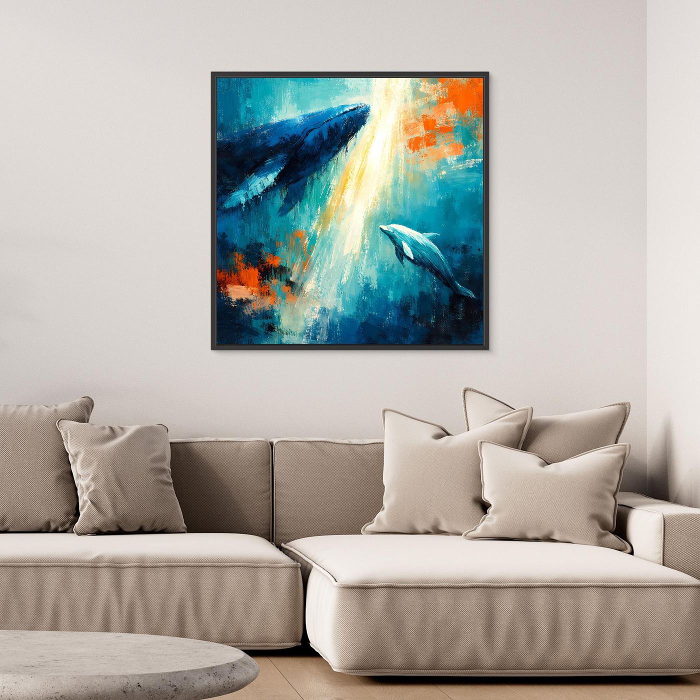 Leinwand Majestätischer Wal und Delfin im Lichtstrahl | Abstraktes Meeres Wandbild