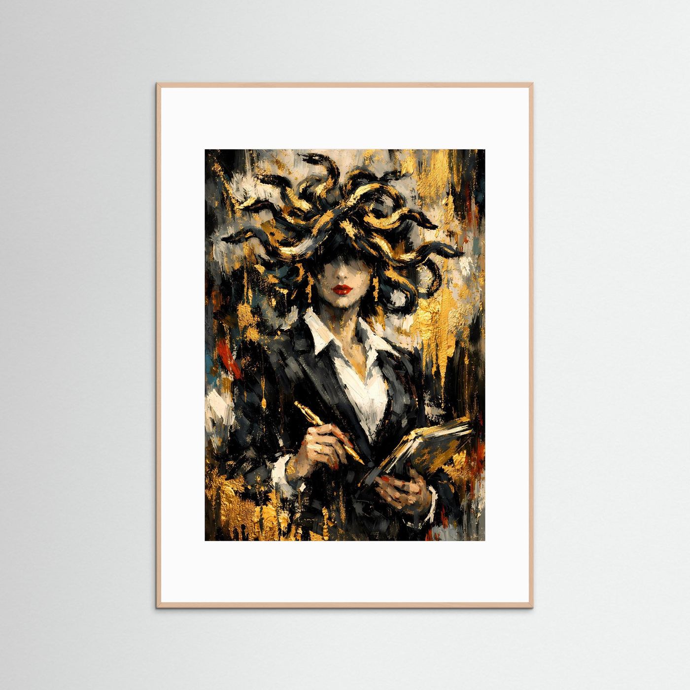 Hochformatiger Kunstdruck mit Medusa-Figur in Gold und Schwarz, im hellem Rahmen
