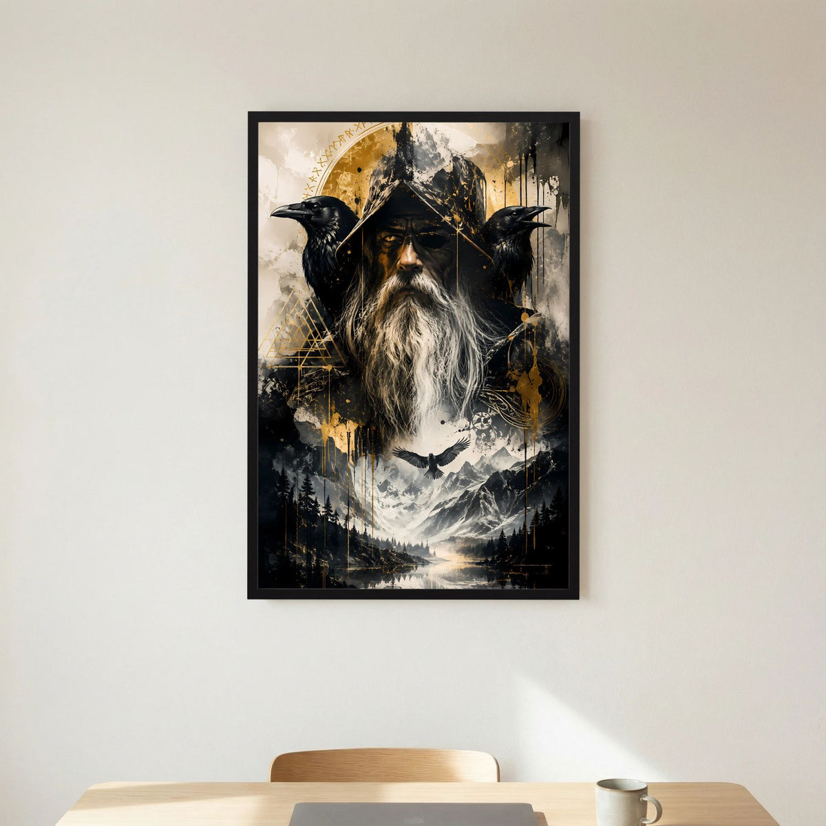 Fantasy-Poster im schwarzen Rahmen: Runenmagier mit langem weißen Bart und drei Raben.
