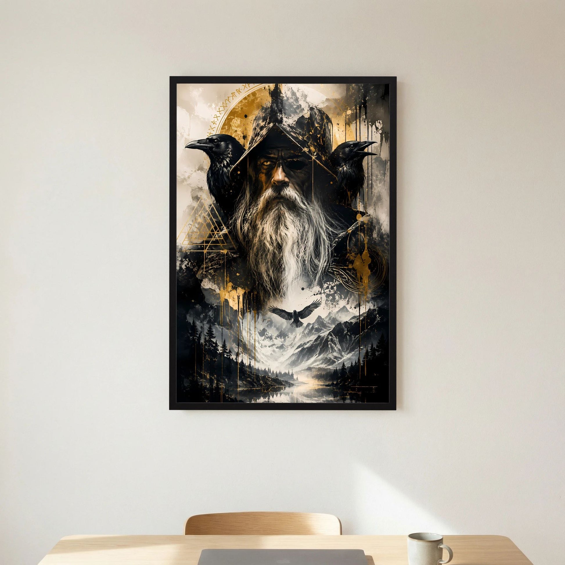 Fantasy-Poster im schwarzen Rahmen: Runenmagier mit langem weißen Bart und drei Raben.