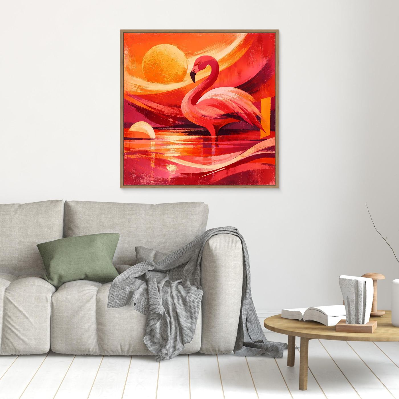 Wandbild Leinwand mit rotem Flamingo und Sonnenmotiv, schmaler Holzrahmen