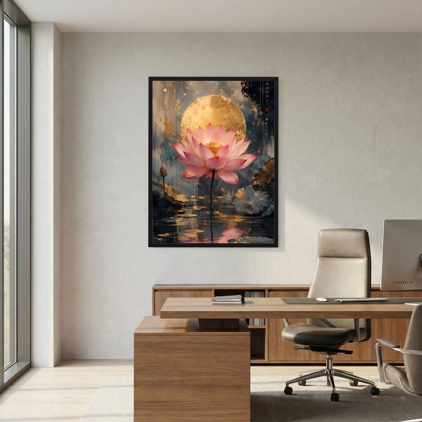 Poster mit rosa Lotusblüte auf Wasserfläche, goldene Leuchtsphäre und dunkler Rahmen