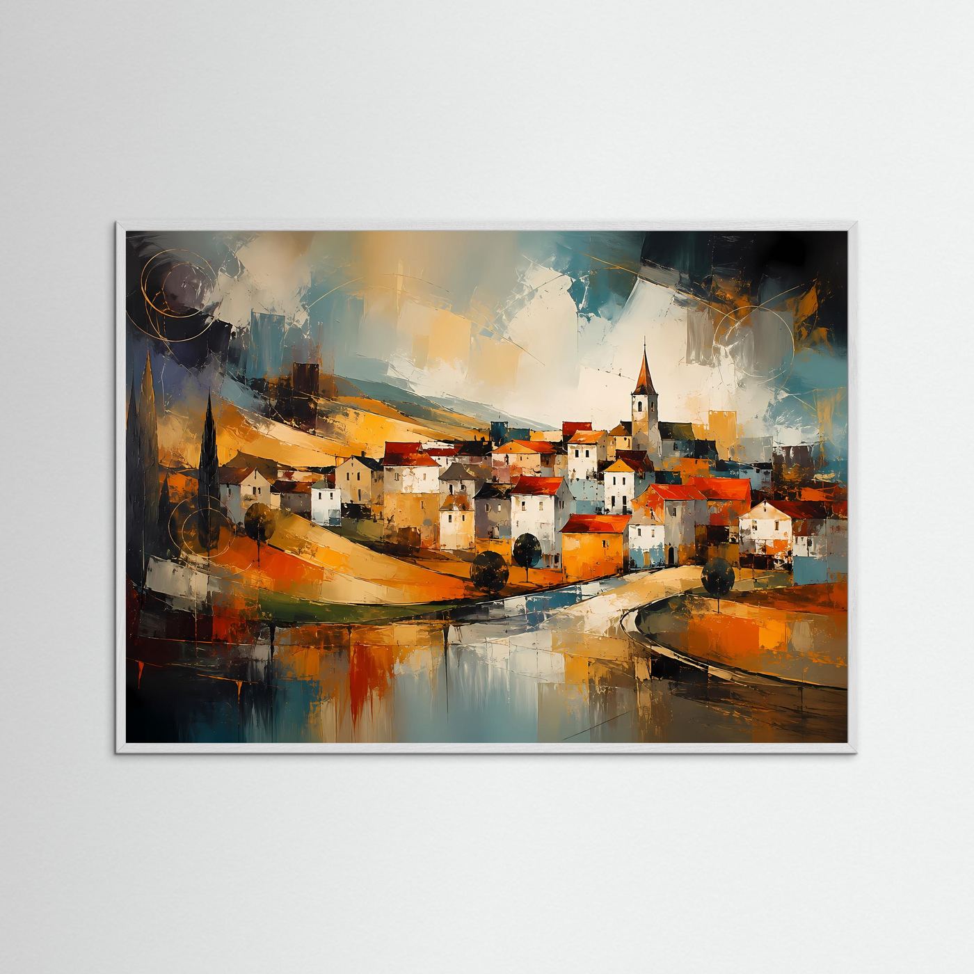 Poster im weißem Holrahmen mit Dorf am Fluss, bunte Farbmischung und abstrakte Konturen