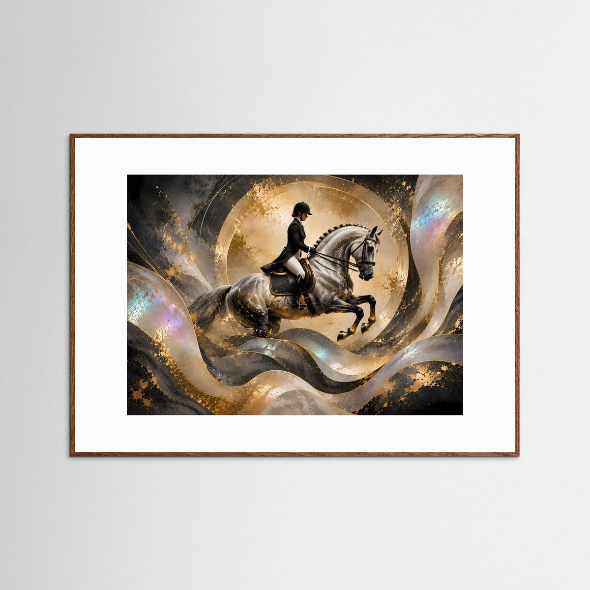 Gerahmtes Reitkunstbild: Dressurreiterin auf Pferd, abstrakt in Gold- und Silbertönen, braun gerahmt