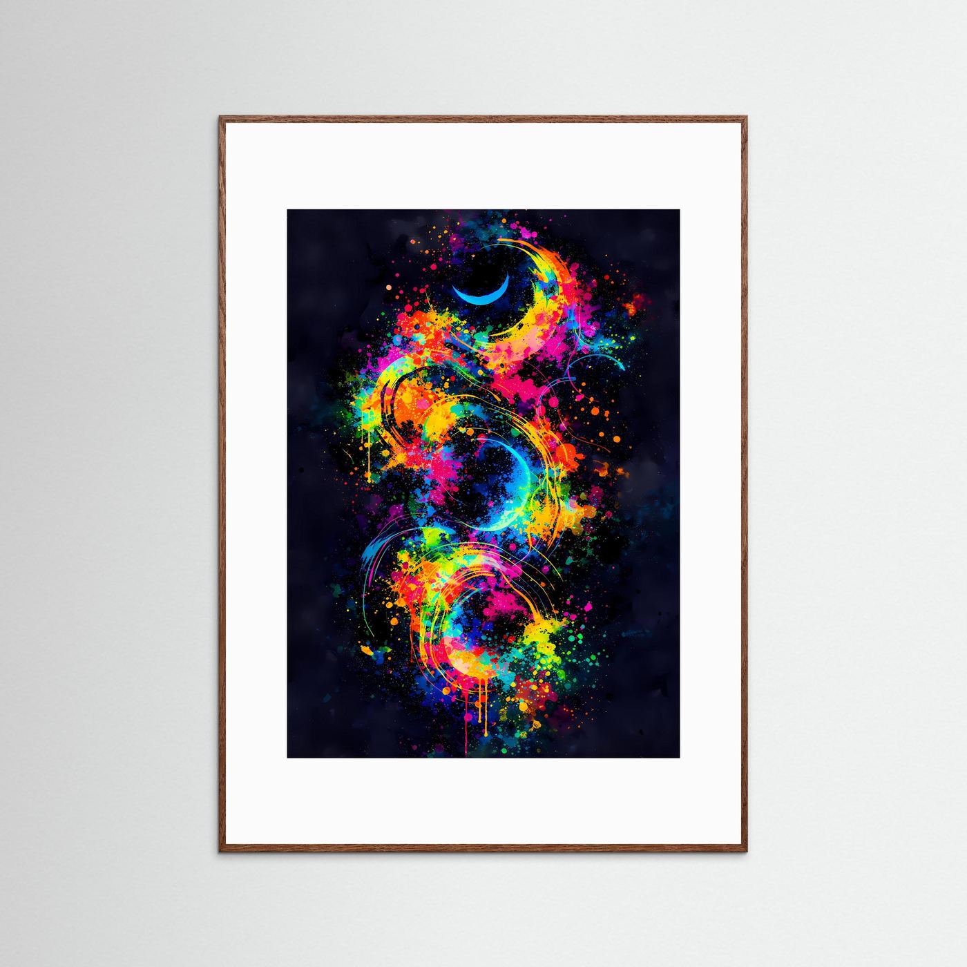 Kosmische Zyklen | Abstraktes Mond & Galaxie Poster in bunten Neonfarben | Modernes Kunstposter Hochformat