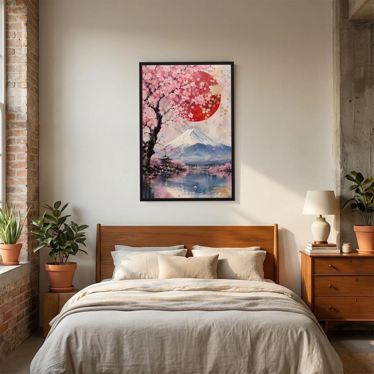 Hochformatiges Wandposter mit Kirschblüten, Fuji und roter Sonne im schwarzen Rahmen
