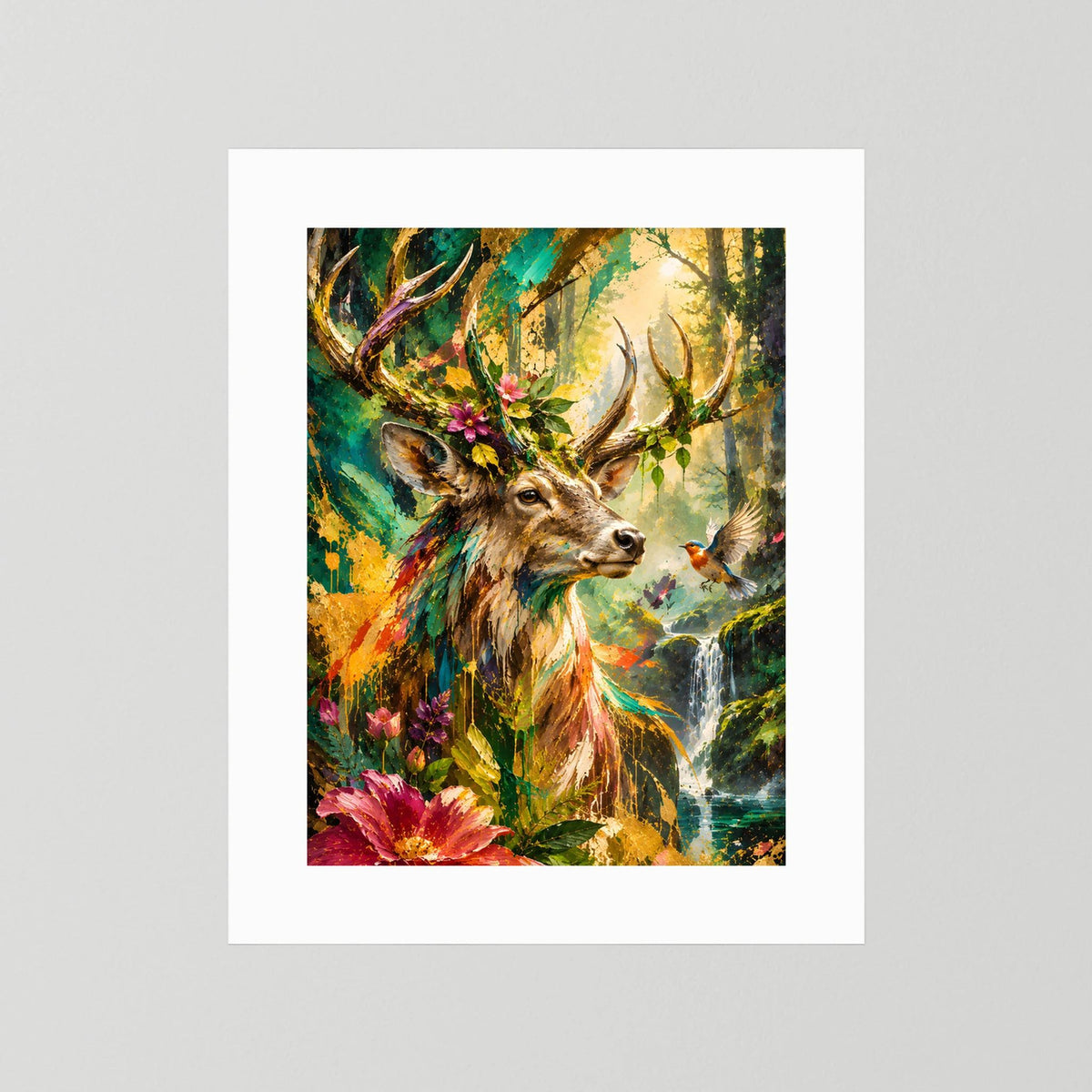 Hochformatiges Tierposter: Hirsch im bunten Wald, Blumenmotiv, ohne Rahmen (nur Mat)