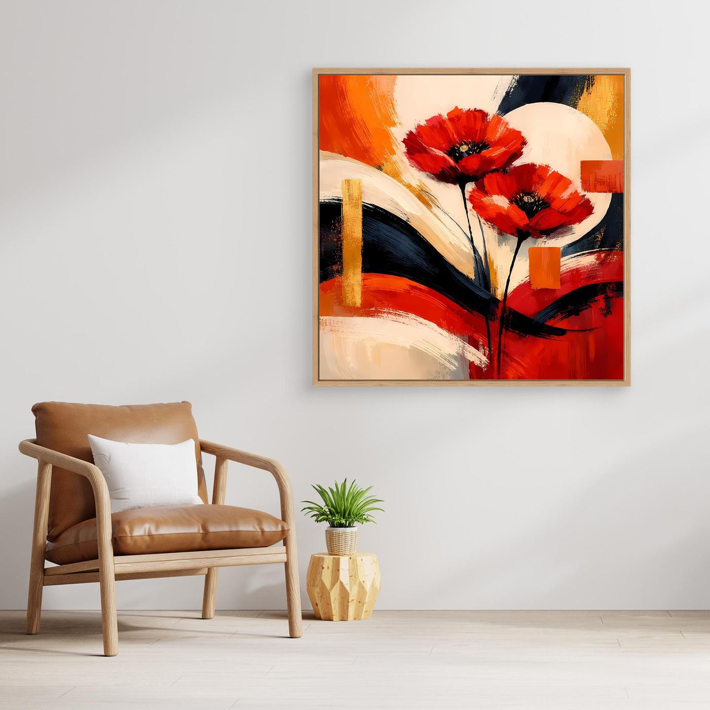 Leinwandbild mit abstrakter Mohnblüte: rote Blüten, goldene Rechtecke und schwarze Linien