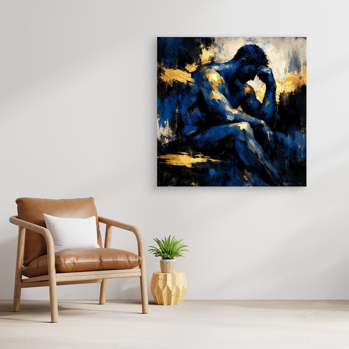 Leinwand Der Denker in Blau | Abstraktes Männersilhouette Wandbild Gold