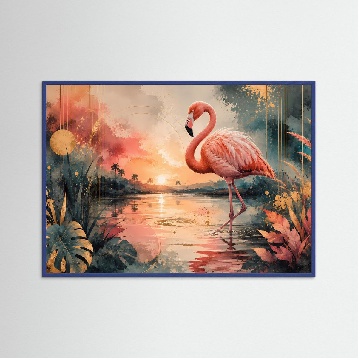 Poster im Querformat mit Flamingo im tropischen Sonnenuntergang, blauer Rahmen