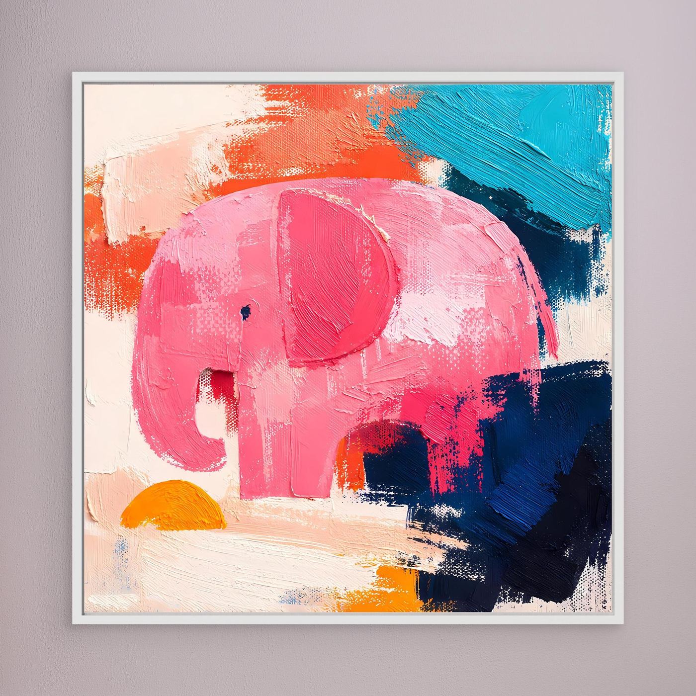 White-framed abstract elephant canvas with large pink head and blue-orange brushstrokes
