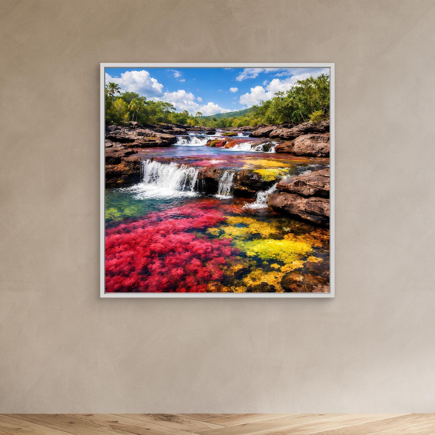 Leinwandbild mit weißem Rahmen: Wasserfall, bunte Uferfarben und Felsen