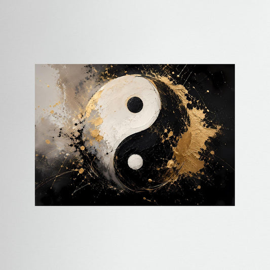 Wandposter mit Yin-Yang in Schwarz, Weiß und Gold, abstrakte Spritztechnik