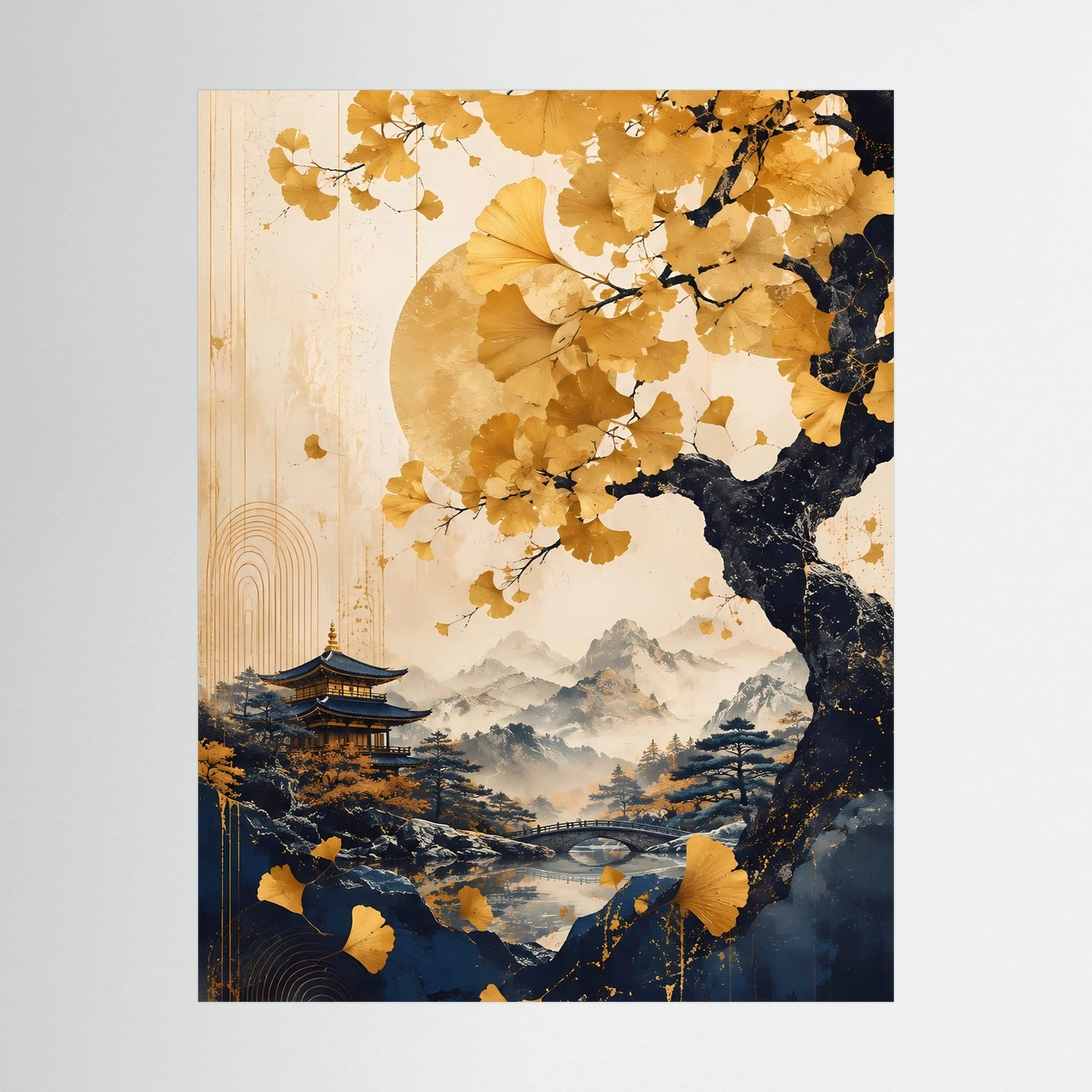 Hochformat-Poster im schwarzen Rahmen: Detail mit Ginkgoblättern, Pagode und Bergen