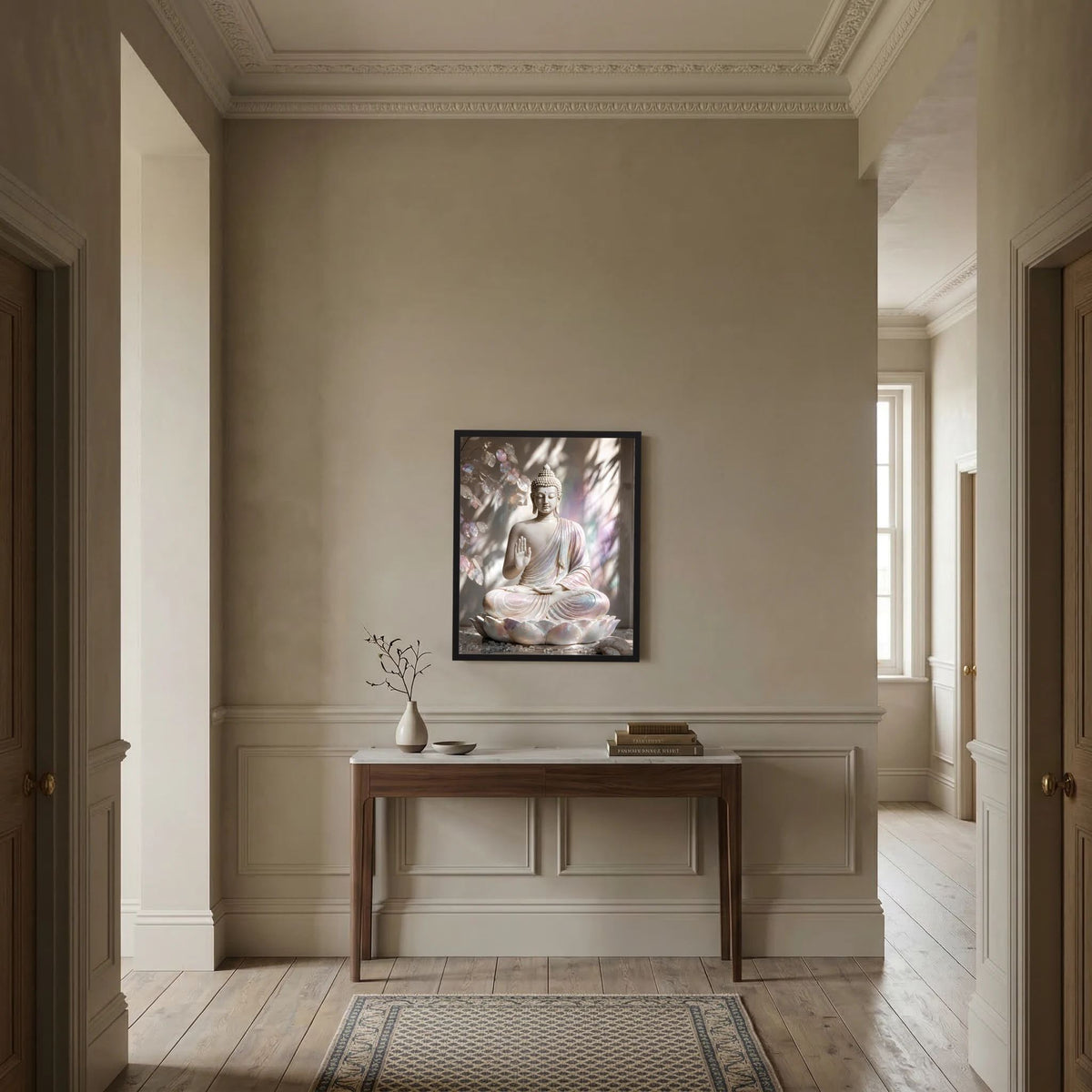 Gerahmter Kunstposter-Druck mit Buddha auf Lotus in Creme-Rosa-Pastell, Hochformat