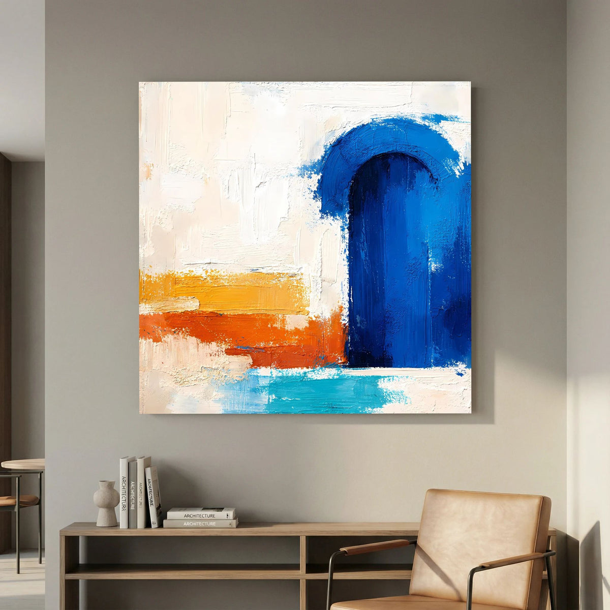 Abstraktes Leinwandbild mit blauem Torbogen, orangefarbener Querleiste und türkisfarbenem Finish