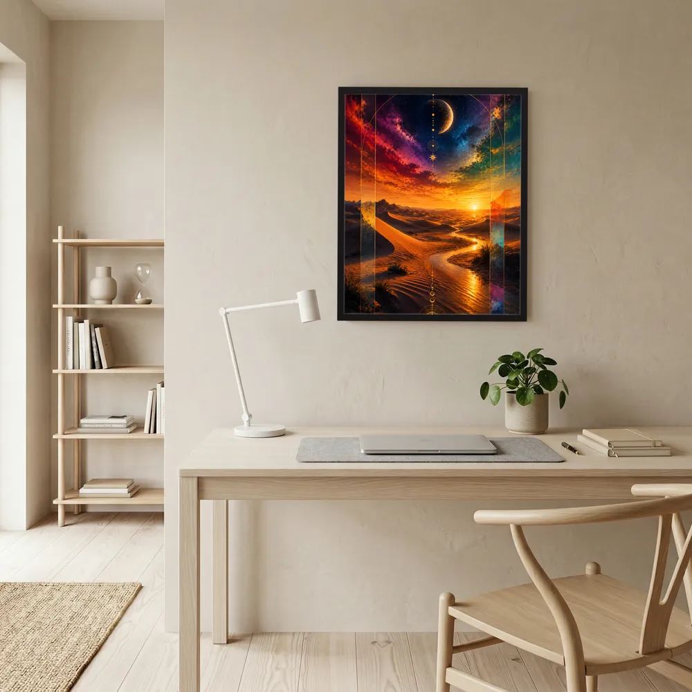 Gerahmtes Hochformat-Poster mit kosmischer Wüstenlandschaft, Halbmond und goldenen Dünen