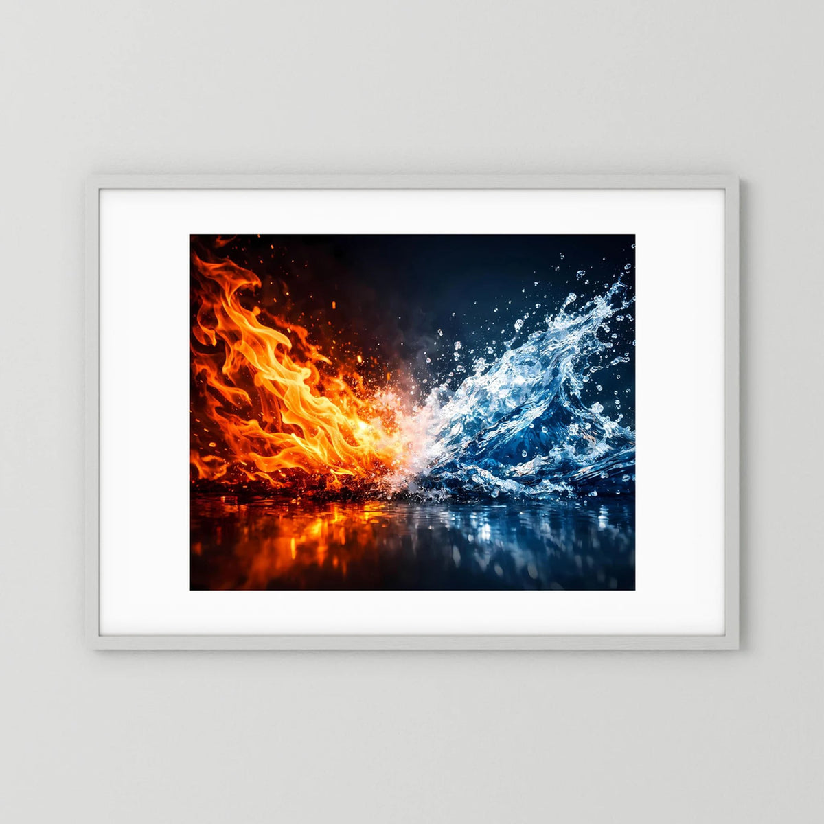 Querformat-Poster mit abstraktem Feuer-Wasser-Motiv, weiße Rahmenumrahmung