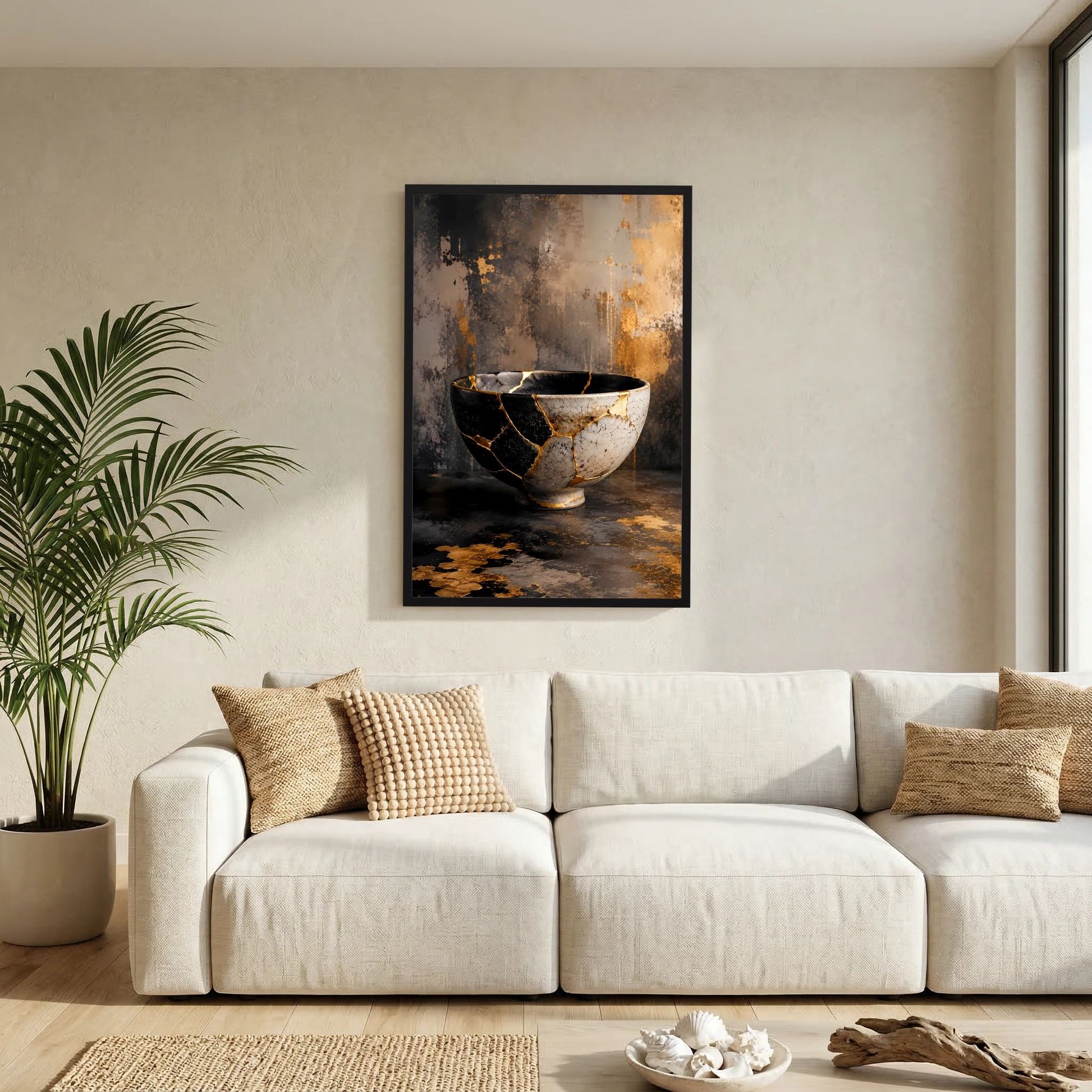 Hochformat-Poster mit Kintsugi-Schale: schwarze und weiße Keramikschale mit goldenen Rissen.